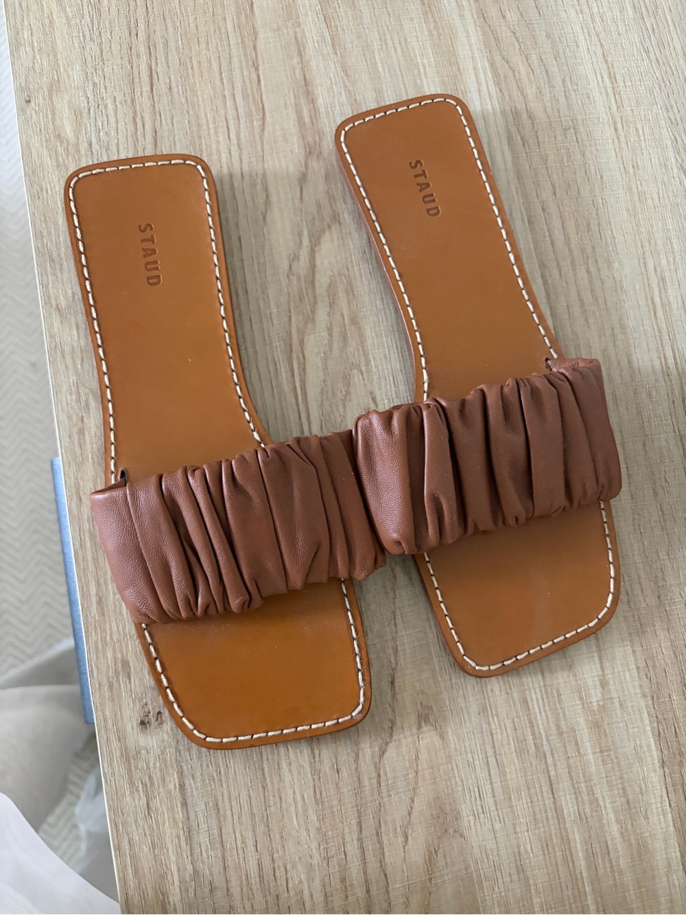 STAUD Brown Ruched Leather Slide Sandals